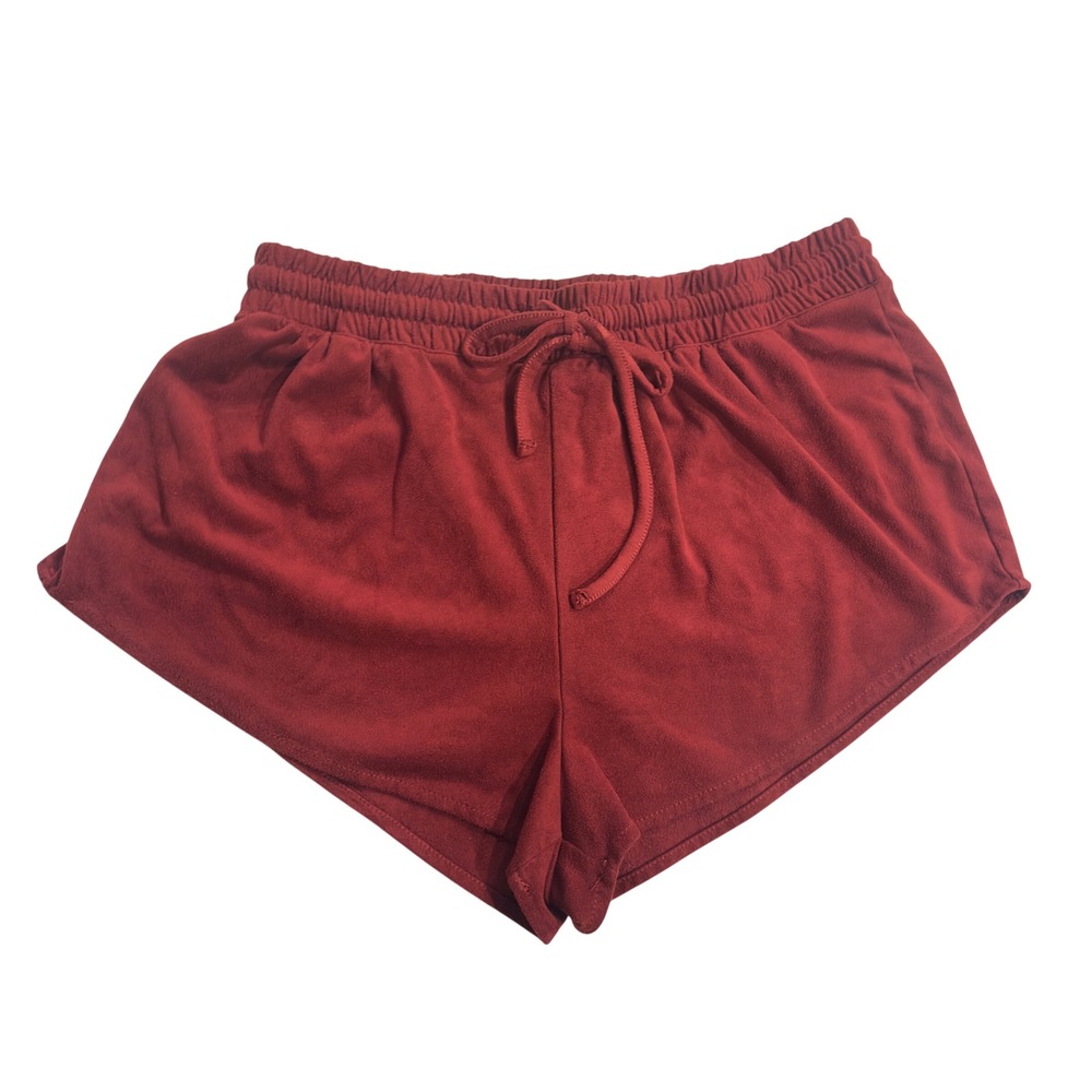 Womens Burgundy Faux Suede Mini Shorts Elastic Drawstring Waist Wine Red